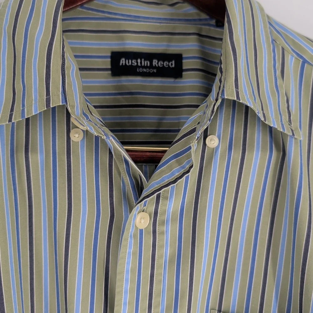 Austin Reed London Classic Striped Cotton‎ Button Down Shirt Green Blue Size L